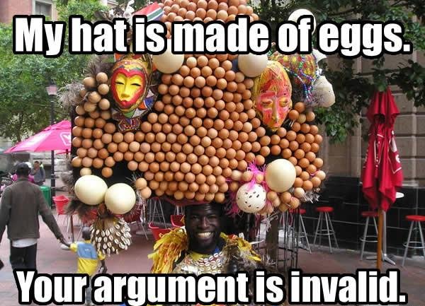 my-hat-is-made-of-eggs, your arguments is invalide